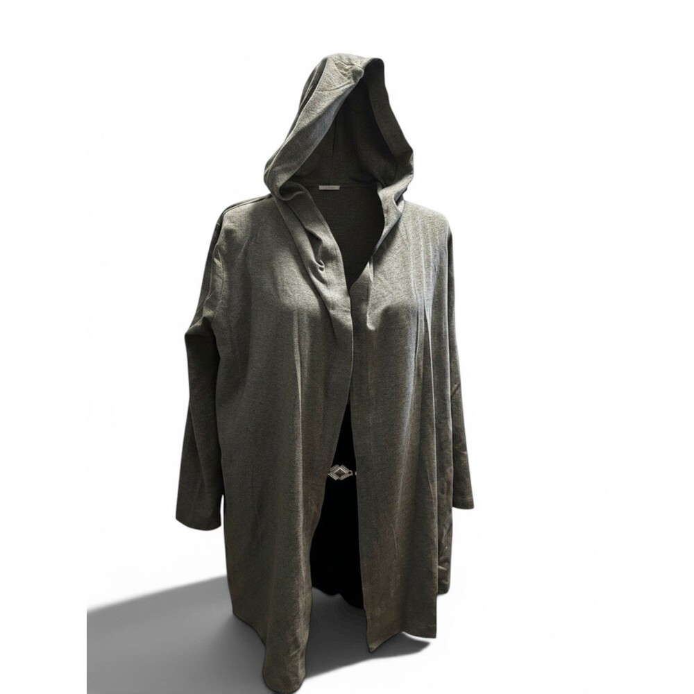 Eileen Fisher Gray Open Organic Cotton Blend Light Hooded Cardigan PS Pockets